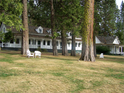 Redwoods dot the grounds of the Wawona Hotel 