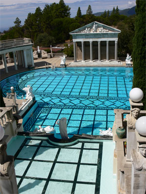 Cascading fountains into the pool