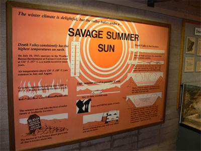Waring sign about the Savage Summer Sun in Death Valley. Death Valley consistently has the highest temperatures on earth. 