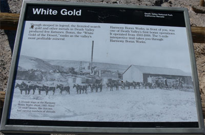 Though steeped in legend, the frenzied search for gold and other metals in Death Valley produced few fortunes. Borax, the "White Gold of the Desert," ranks as the valley's most profitable mineral.